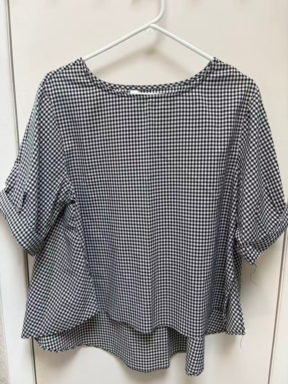Womens Gingham Check Top Short Sleeve High Low Hem Casual Blouse Loose Large L